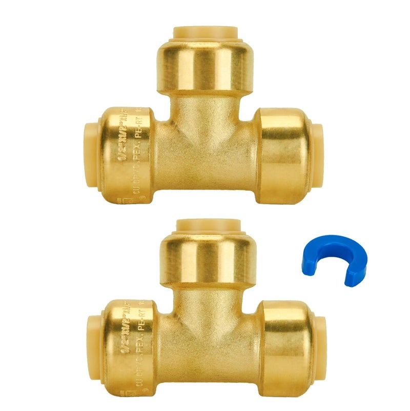 SUNGATOR 1/2 Inch Tee, Push Pex Fittings 1/2 Inch, 1/2" T Fittings, No Lead Brass Push-to-Connect Plumbing Tee Connector for PEX Pipe, Copper, CPVC, with 1 Disconnect Clip, Pack of 2 - Image 1